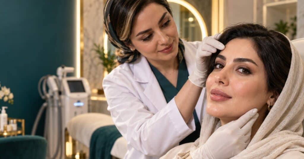 مشاوره پزشک با مراجعه‌کننده در کلینیک زیبایی در پیروزی تهران